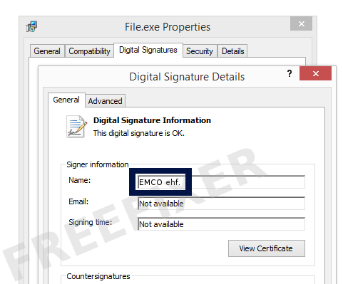 Screenshot of the EMCO ehf. certificate